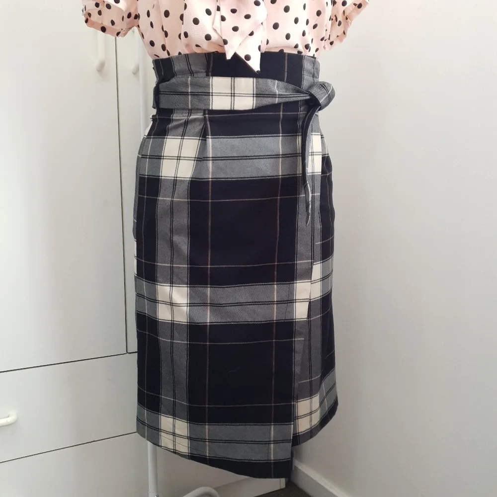 NWT AU 14 Dotti Black White Plaid Midi Belt Wrap Skirt - Picture 9 of 16